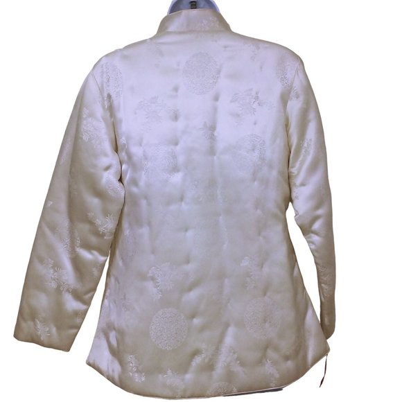 Vintage 80s NWT Fortune Quilted Jacket L Asian Brocade Pockets Frogs Satin Ivory - Picture 9 of 11